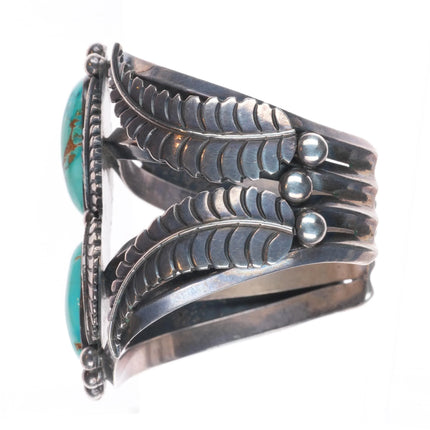 6.4" 1960's Royston Turquoise chiseled featherwork sterling silver cuff bracelet