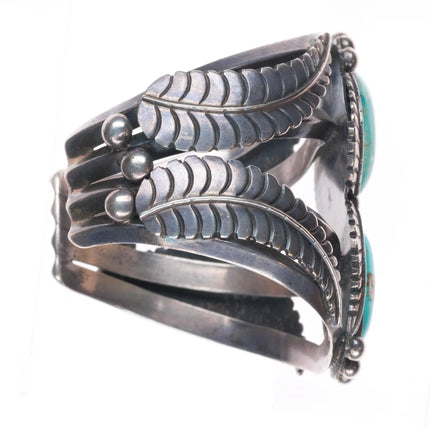 6.4" 1960's Royston Turquoise chiseled featherwork sterling silver cuff bracelet