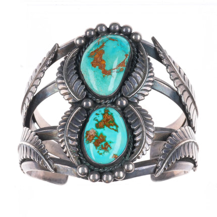 6.4" 1960's Royston Turquoise chiseled featherwork sterling silver cuff bracelet