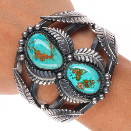 6.4" 1960's Royston Turquoise chiseled featherwork sterling silver cuff bracelet