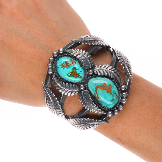 6.4" 1960's Royston Turquoise chiseled featherwork sterling silver cuff bracelet