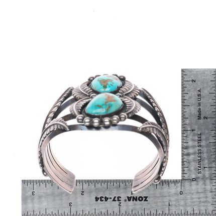 6.4" 1960's Royston Turquoise chiseled featherwork sterling silver cuff bracelet