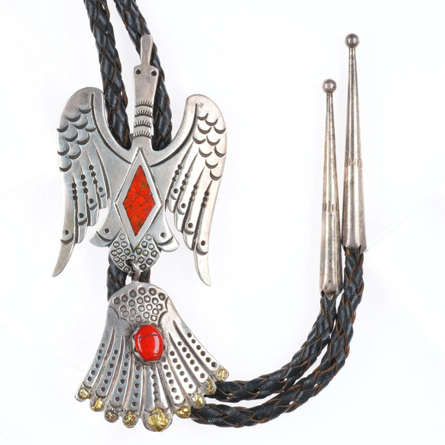 c1960 c-31 Navajo Peyote Bird bolo tie sterling silver, coral, 22k gold nuggets