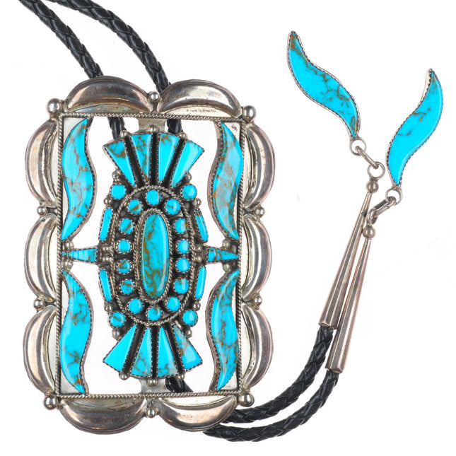 Vintage Zuni sterling silver turquoise cluster bolo tie w/repousse border