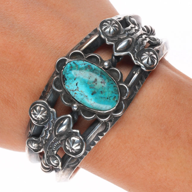 6.25" 50's-60's Navajo sterling silver butterfly sides turquoise cuff bracelet