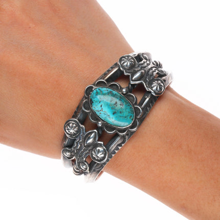 6.25" 50's-60's Navajo sterling silver butterfly sides turquoise cuff bracelet
