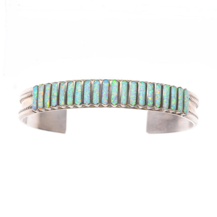 6.35" LS Zuni sterling silver opal inlay ribbed row cuff bracelet