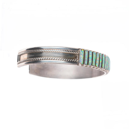 6.35" LS Zuni sterling silver opal inlay ribbed row cuff bracelet