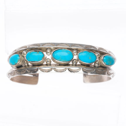 6.25" Vintage Navajo hand stamped turquoise row cuff bracelet sterling silver