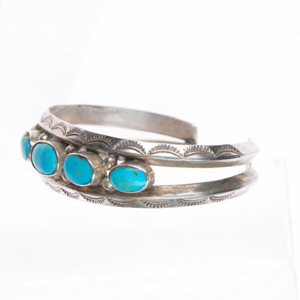 6.25" Vintage Navajo hand stamped turquoise row cuff bracelet sterling silver