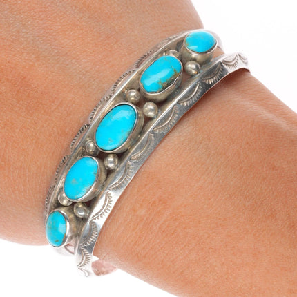 6.25" Vintage Navajo hand stamped turquoise row cuff bracelet sterling silver