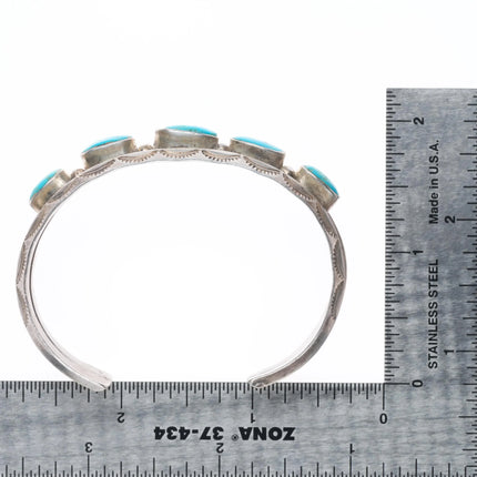 6.25" Vintage Navajo hand stamped turquoise row cuff bracelet sterling silver