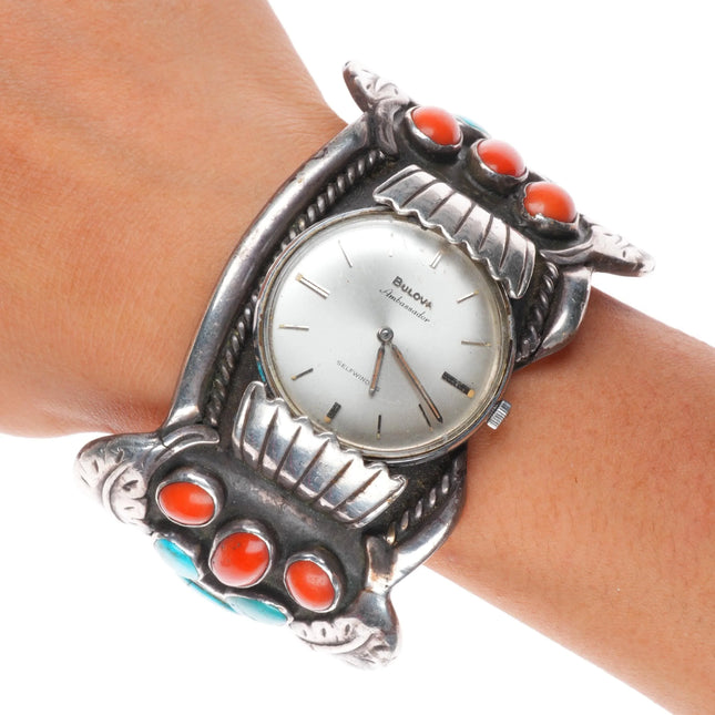 7.5" Big Vintage Navajo sterling silver turquoise/coral watch cuff bracelet