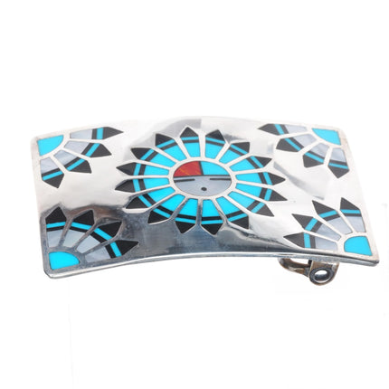 JM Southwestern sterling silver inlaid sunface heavy stamped back belt buckle