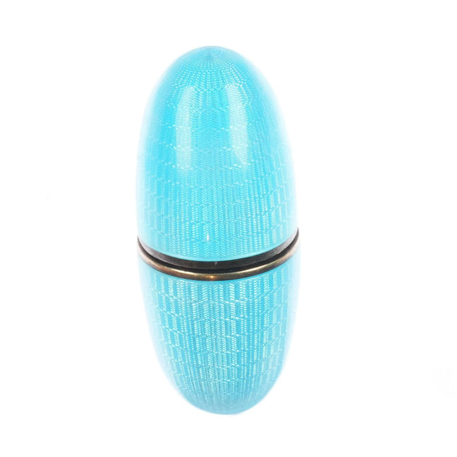 Antique Gilt Sterling silver Guilloche blue egg form sewing kit/thimble/spool