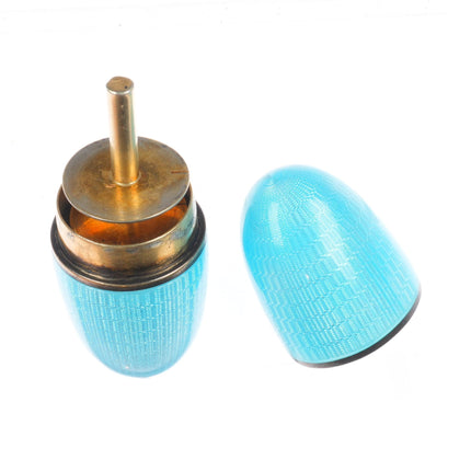 Antique Gilt Sterling silver Guilloche blue egg form sewing kit/thimble/spool
