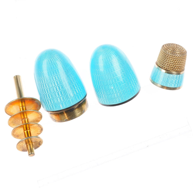 Antique Gilt Sterling silver Guilloche blue egg form sewing kit/thimble/spool