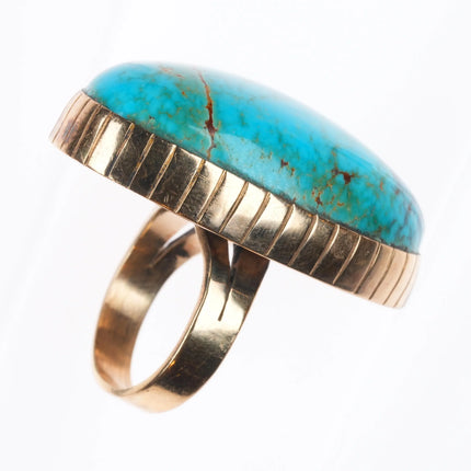 sz7 Native American 14k gold high grade turquoise ring sterling silver back