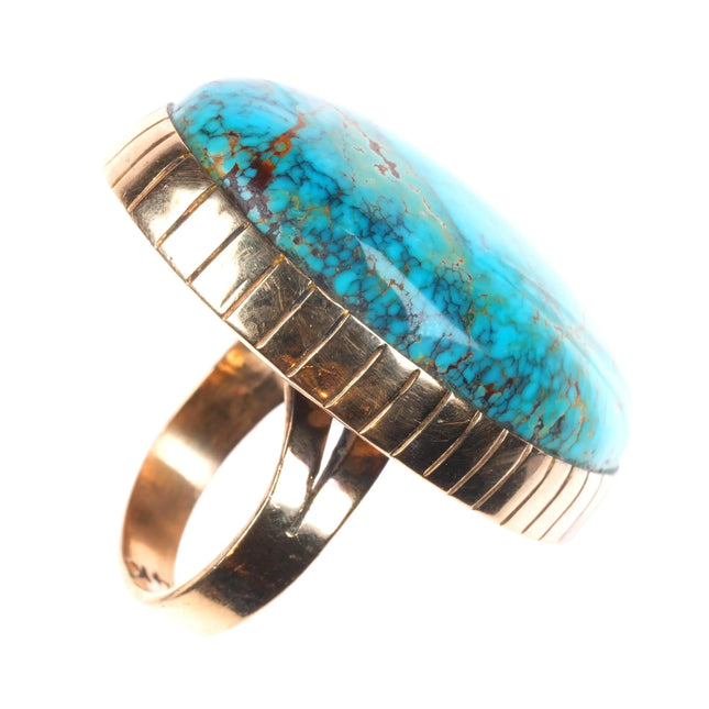sz7 Native American 14k gold high grade turquoise ring sterling silver back