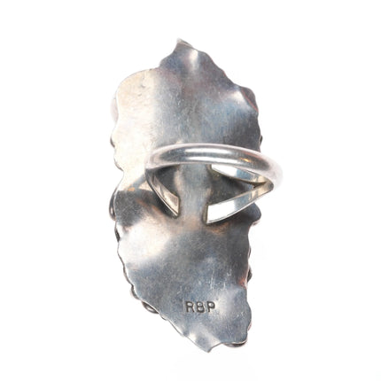 sz8 Vintage RBP Navajo sterling silver turquoise ring w/intense feather applique