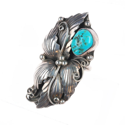 sz8 Vintage RBP Navajo sterling silver turquoise ring w/intense feather applique