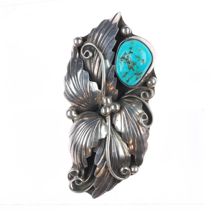 sz8 Vintage RBP Navajo sterling silver turquoise ring w/intense feather applique
