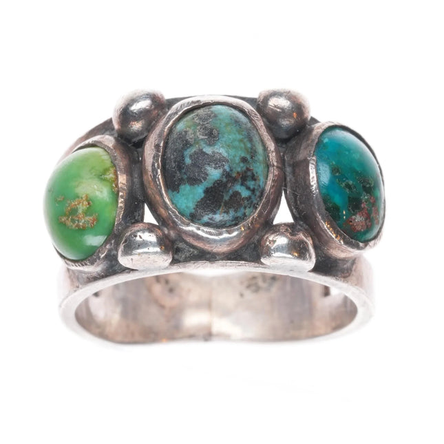 sz8.75 c1930 Navajo 3 stone turquoise row ring sterling silver