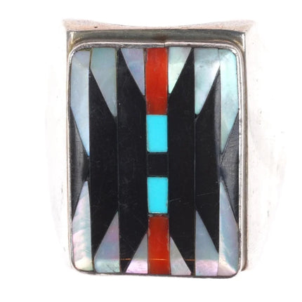 sz10 Dishta Zuni sterling silver Navajo rug pattern intarsia inlay ring