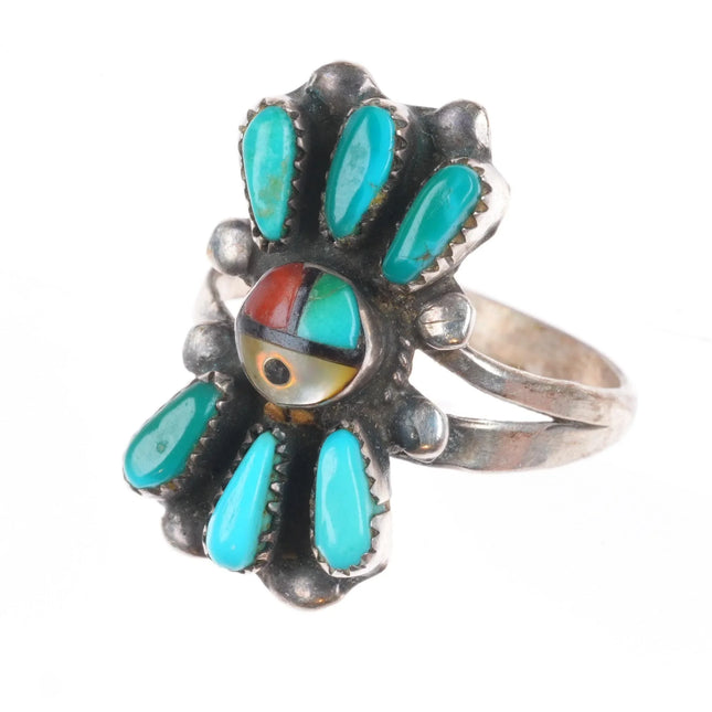 sz7.5 EA Zunie sterling silver sunface inlay turquoise petit point Zuni ring