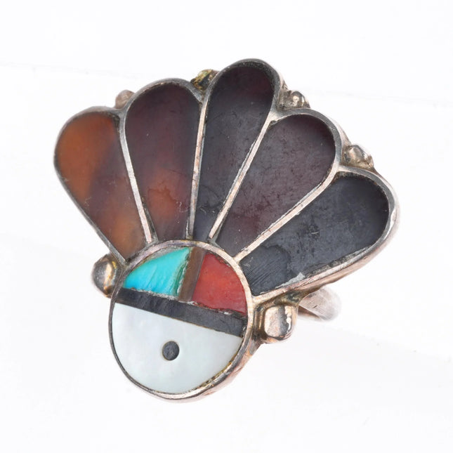 sz5.5  vintage Zuni sterling silver turquoise/shell/coral inlay sunface ring
