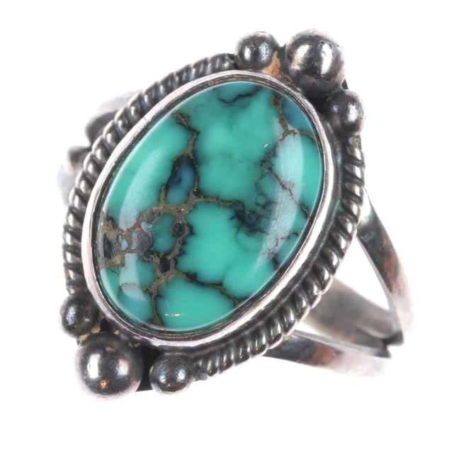 sz7 Cortez H Vintage Navajo sterling silver green spiderweb turquoise ring