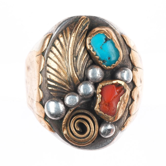 sz12 Vintage Navajo sterling silver gold filled accent turquoise/coral ring