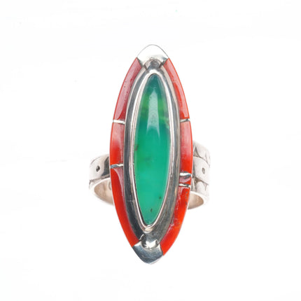 sz8.75 Ken Romero Taos/Laguna sterling silver, turquoise, coral inlay ring