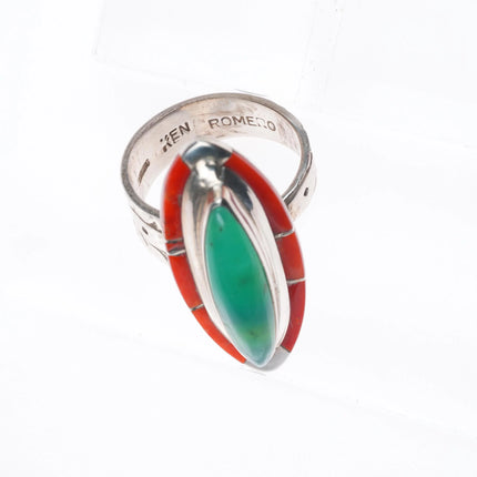 sz8.75 Ken Romero Taos/Laguna sterling silver, turquoise, coral inlay ring