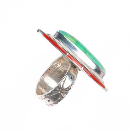 sz8.75 Ken Romero Taos/Laguna sterling silver, turquoise, coral inlay ring