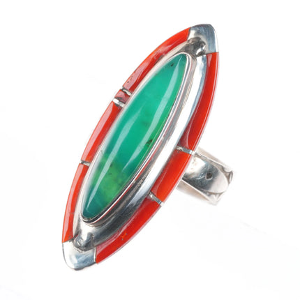sz8.75 Ken Romero Taos/Laguna sterling silver, turquoise, coral inlay ring