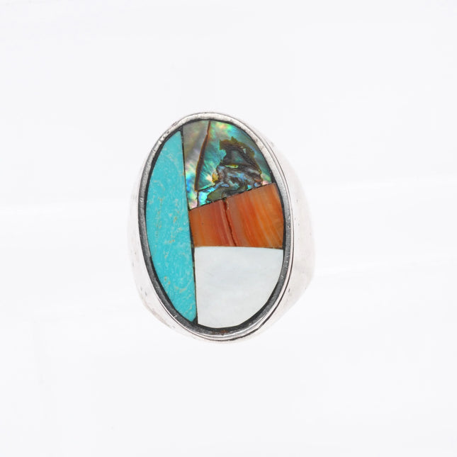 sz9 Vintage Zuni sterling silver, turquoise, coral, shell inlay men's ring