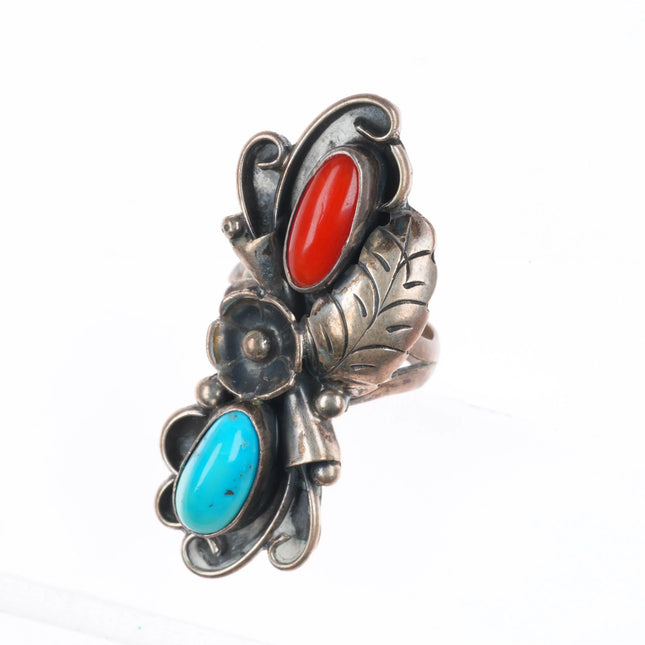 sz6.5 Phil Chapo Navajo vintage sterling silver, turquoise, coral long ring