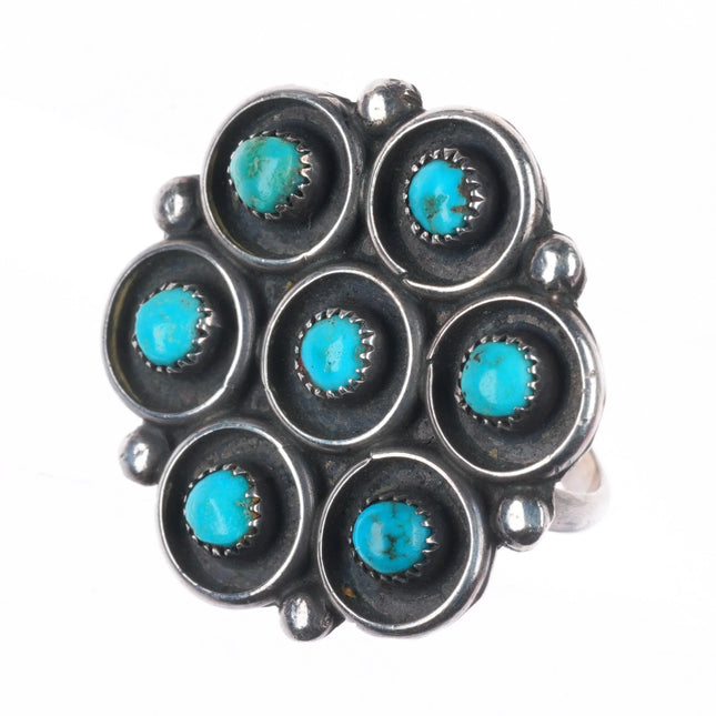 sz8 Vintage Zuni sterling silver 7 stone snake eye turquoise cluster ring