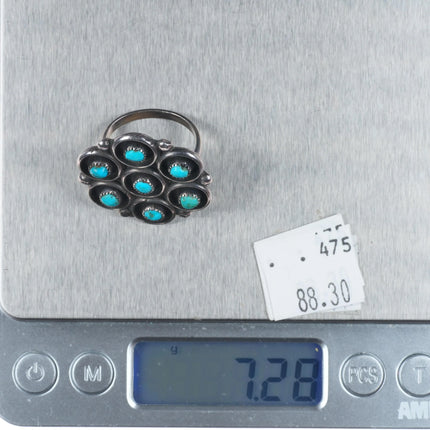 sz8 Vintage Zuni sterling silver 7 stone snake eye turquoise cluster ring