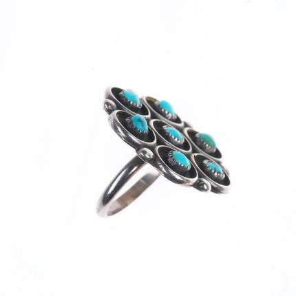 sz8 Vintage Zuni sterling silver 7 stone snake eye turquoise cluster ring