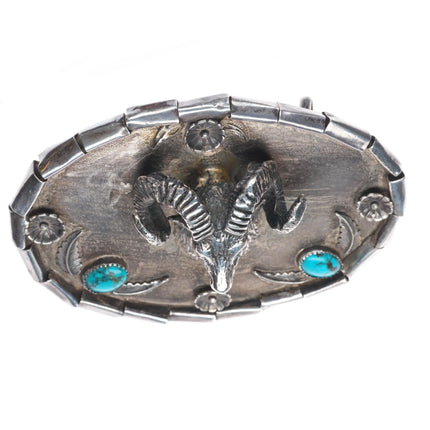 Heavy vintage southwest sterling silver 3D Ram bust/Head belt buckle w/turquoise