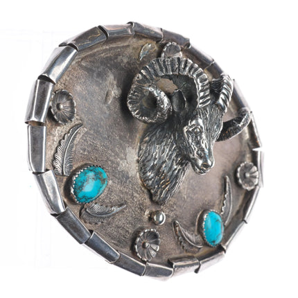 Heavy vintage southwest sterling silver 3D Ram bust/Head belt buckle w/turquoise