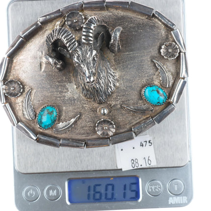 Heavy vintage southwest sterling silver 3D Ram bust/Head belt buckle w/turquoise