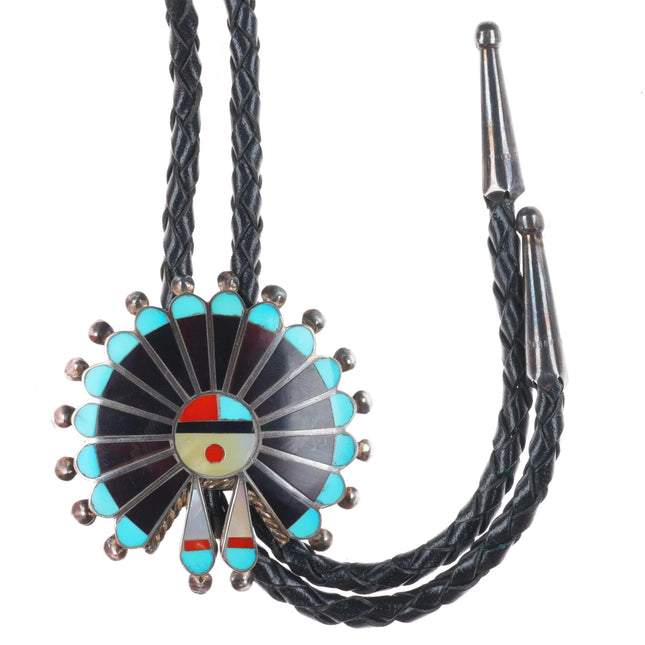 Vintage Zuni Sunface w/ Headdress Turquoise/jet/coral sterling silver bolo tie