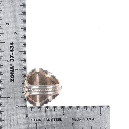 sz11 Vintage SC Navajo sterling silver onyx ring c1980 feather design applique
