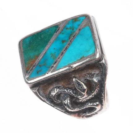 sz10 Vintage Zuni sterling silver turquoise inlay snakes/Saguaro cacti ring