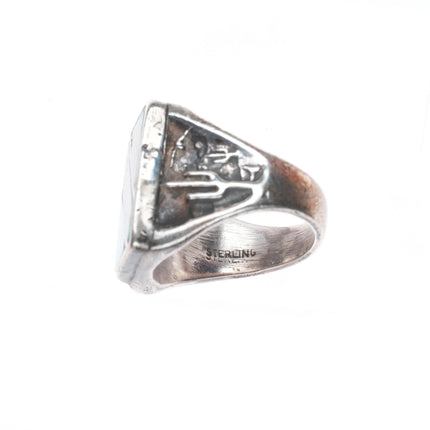 sz10 Vintage Zuni sterling silver turquoise inlay snakes/Saguaro cacti ring