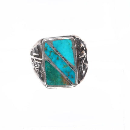 sz10 Vintage Zuni sterling silver turquoise inlay snakes/Saguaro cacti ring