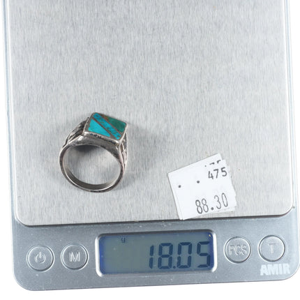 sz10 Vintage Zuni sterling silver turquoise inlay snakes/Saguaro cacti ring
